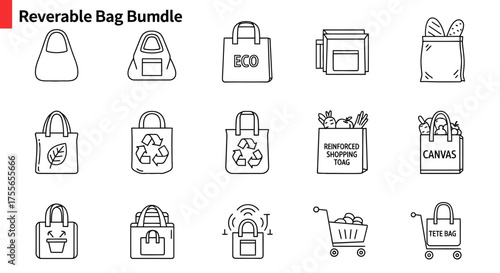Collection of illustrated line art icons depicting various reusable shopping bags, including tote and eco-friendly designs.