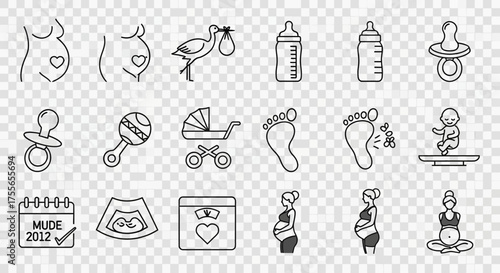 A collection of black and white line art icons representing pregnancy, childbirth, and newborn baby care.