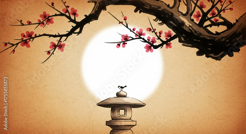 An ethereal ink wash painting of a blossoming branch against a glowing sun, evoking traditional Japanese art and serenity