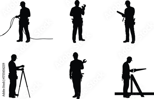 Construction worker silhouettes using various tools, industrial labor, engineer with blueprint, safety helmet, teamwork concept illustration