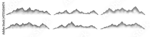 Grain noise stippled mountain range ridges terrain texture landscape vector illustration set. Grunge pointillism mountain range stipple landscape halftone effect shape sand texture.