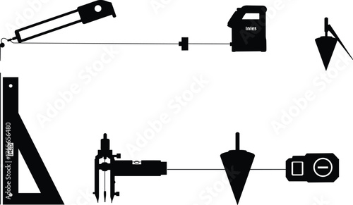 Construction measuring tools silhouette set, engineering equipment vector, architecture drawing instruments, building site tools collection, industrial precision measurement illustration