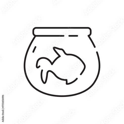 Black outline art a fishbowl holds a stylized fish silhouette simplistic design