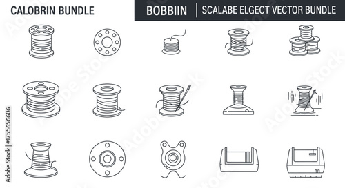 A collection of line art illustrations depicting various spools and bobbins of thread, some with needles, showcasing different sizes and winding styles.