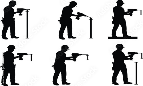 Construction worker silhouettes using power drill tools, industrial laborers in hard hats performing repair and maintenance tasks