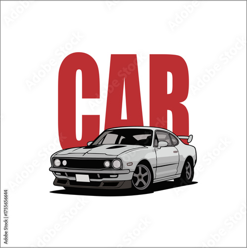 Red vintage automobile transportation vector illustration of a car on a road and white background icon