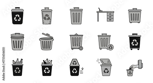 Collection of various trash can and recycling bin icons, including different styles, lids, and waste types, alongside a desk and a hand depositing waste.
