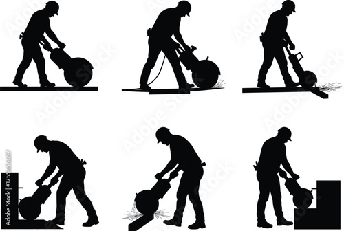 Construction worker cutting concrete with power saw silhouette, industrial safety concept, heavy machinery operation and sparks illustration