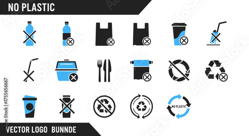 A set of modern vector icons advocating for plastic-free living, waste reduction, and environmental sustainability.