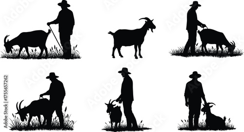 Silhouette farmer with goats, rural livestock care, countryside grazing animals, pastoral lifestyle, agriculture scene, traditional farming, human animal interaction, nature
