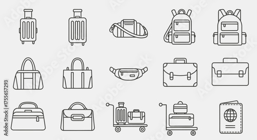 A collection of various luggage and travel bags, presented in a simple, outlined style.