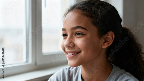 Teenage girl sitting by the window, soft daylight, gentle smile after stress relief, emotional authenticity, calm peaceful mood, natural light portrait, wellness lifestyle concept Free Download Teenage girl sitting by the window, soft daylight, gentle smile after stress relief, emotional authenticity, calm peaceful mood, natural light portrait, wellness lifestyle concept - GFXLoad