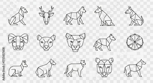 A collection of various animal icons and heads designed in a minimalist, geometric, polygonal line art style.
