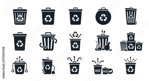 A collection of diverse recycling bin icons showcasing different designs, some with recycling symbols, waste, and eco-friendly concepts.