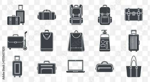 A collection of monochrome vector icons representing various types of travel luggage, bags, and accessories.