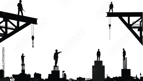 Construction workers on high-rise building structure silhouette, engineers supervising site work, urban development industrial safety vector illustration
