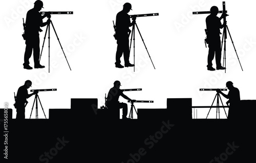 Construction surveyor silhouette on site, land measurement engineer using tripod, industrial field inspection, engineering worker, flat vector illustration