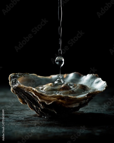 Wallpaper Mural Water droplet falling into an open oyster shell on a dark surface Torontodigital.ca