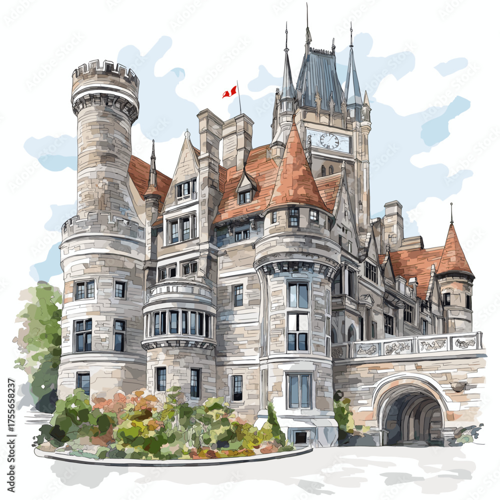 Casa Loma. Casa Loma hand drawn watercolor illustration