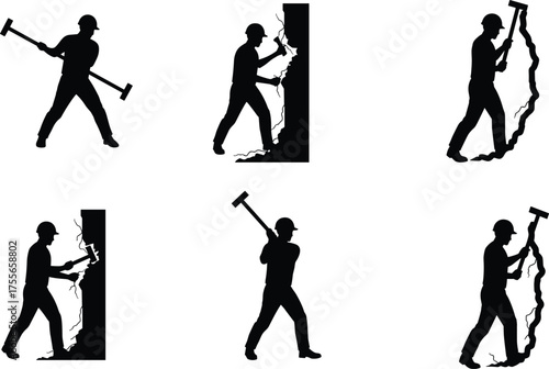 Construction worker breaking wall with sledgehammer, demolition process, manual labor, safety equipment, industrial work, flat vector illustration
