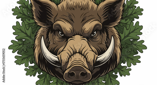 Aggressive boar head illustration detailed vector art with oak leaves suitable for emblem or logo de