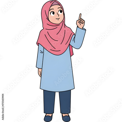 Vector image of a Muslim girl wearing a pink hijab, pointing upwards with a curious expression