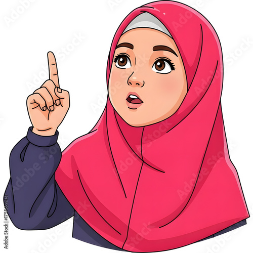 Vector image of a Muslim girl wearing a pink hijab, pointing upwards with a curious expression