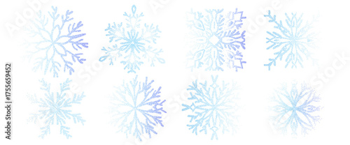 Snow flakes dots noise gradient set. Winter season grainy gradation elements. Christmas blue and purple airbrush symbols. Vector festive halftone frozen shapes illustration on white background..