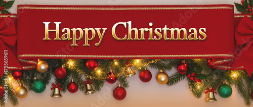 Happy Christmas banner with decorations background