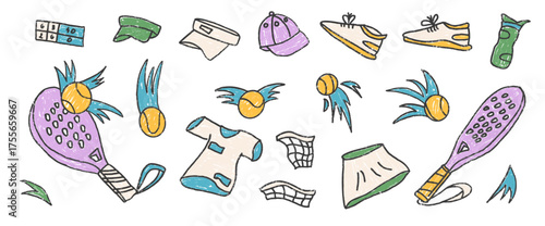 Padel tennis crayon female club elements set. Racket, ball, sport clothing hand drawn doodle isolated on white background. Scribble sport pack. Vector fitness and active hobby illustration by pencil.
