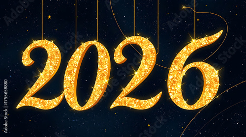 3D glitter gold 2026 floating on dark starry sky background