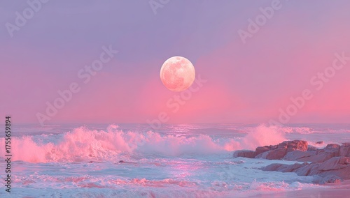 Pastel pink sunset sky, full moon rising over crashing waves and rocky shore