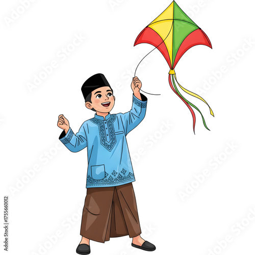 Vector image of a Muslim boy playing a kite, wearing a koko shirt and trousers