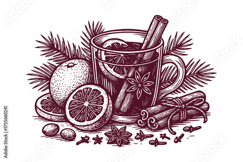 Winter mulled wine with spices engraving style vector illustration