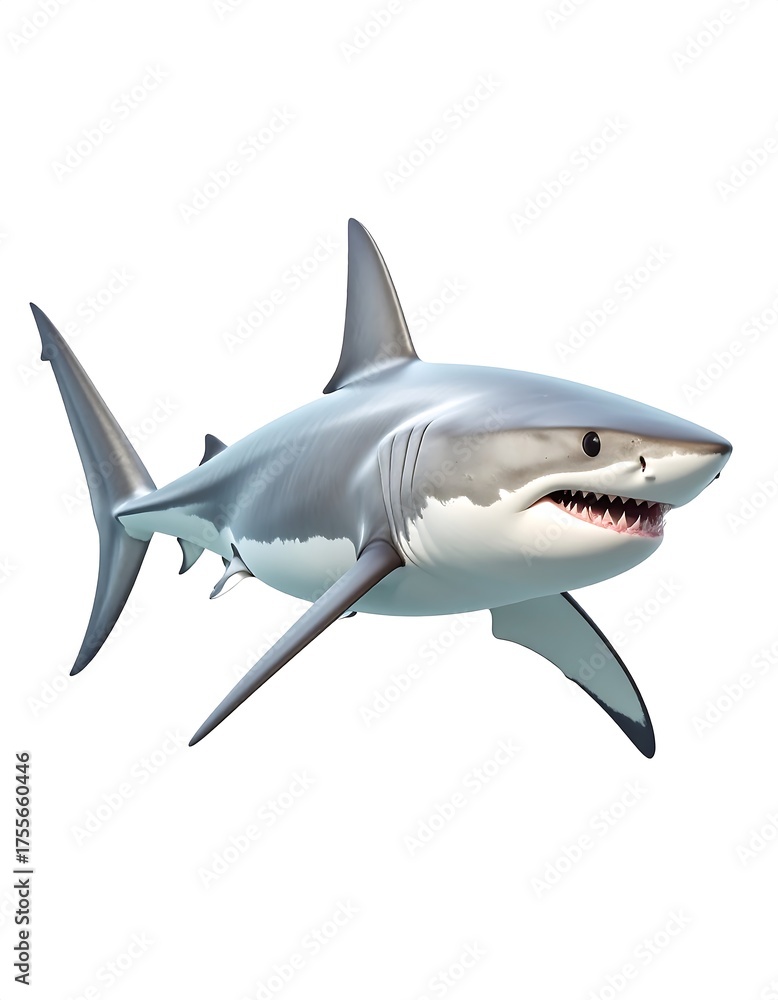 Fototapeta premium A photorealistic illustration of a great white shark, showing details of its sleek body, fins, and sharp teeth. Set against white
