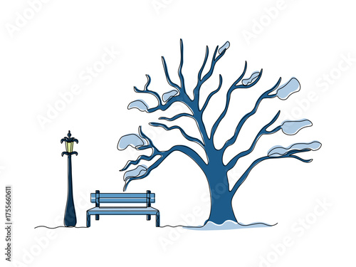Abstract outdoor park bench street Lamps lantern and sprawling branching tree without leaves winter with snow on the branches, continuous single line art hand drawing sketch, logo on white background