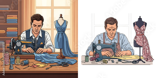Vector image of a tailor sewing cloth on a sewing machine, with thread and needle around him