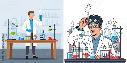 Vector image of a scientist with protective glasses, holding a smoking test tube