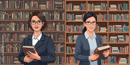 Vector image of a librarian with glasses, holding a thick book