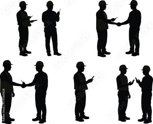 Construction workers discussing project plan silhouette, engineers shaking hands on site, teamwork communication safety concept vector illustration
