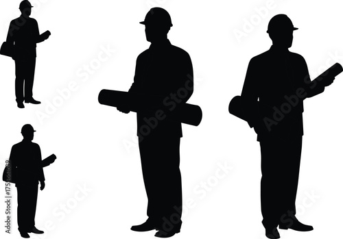 Silhouette engineers holding blueprints, construction professionals, architecture planning, teamwork, safety helmet, industrial site management concept