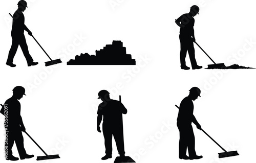 Construction worker silhouettes cleaning, building site labor, industrial maintenance, street sweeper, vector illustration for engineering and construction