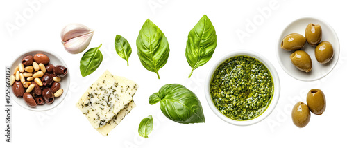 Ingredients of Italian cuisine with basil and blue cheese