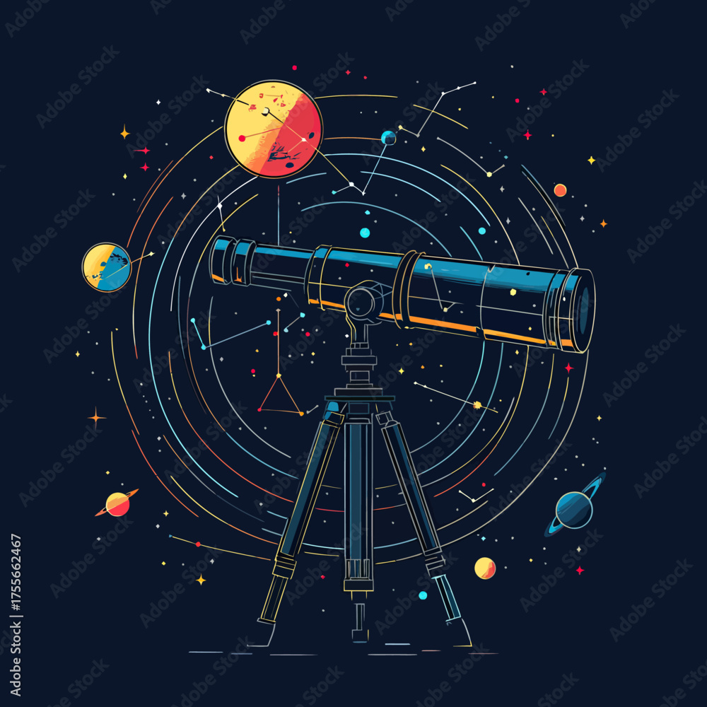 Fototapeta premium Telescope on tripod observing colorful planets stars and constellations in abstract cosmic space with circular orbit lines minimalist vector illustration