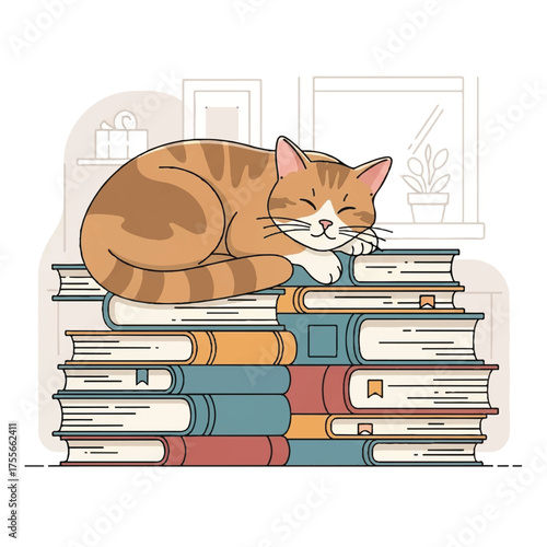 Ginger Cat Napping on Stack of Books Illustration.