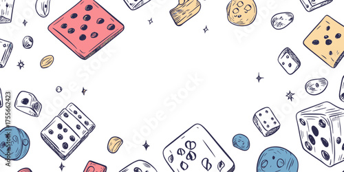 Hand drawn colorful dice and game pieces border frame with doodle sketch style isolated on white background for board game banner or competition design template