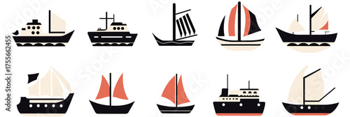 Set of ten flat minimalist vector ship and sailboat icons with various hull shapes, sails, and masts in black, red, and beige colors on white background for maritime and nautical themes