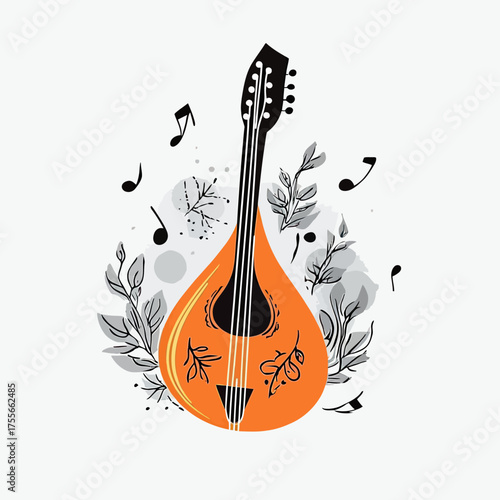Orange mandolin string instrument with black neck and decorative floral elements surrounded by gray music notes in flat minimalist vector style artwork
