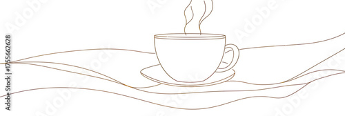Minimalist continuous line art of steaming coffee cup on saucer with abstract flowing shapes modern simple outline vector illustration for cafe design and branding
