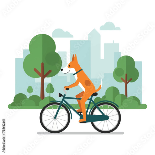 Happy dog riding a bicycle in a park.